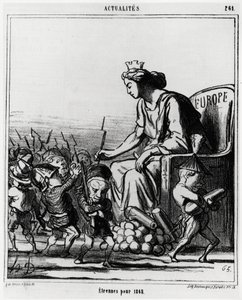 Európa: 1868-ban külföldi. Európa fegyvereket és ágyúkat oszt ki az országok minden képviselőjének, amelyek kalapjukról felismerhetők. Illusztráció d