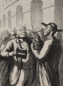 Univerzális kiállítás: Fényképek megtekintése a forgókapuknál. A kopaszoknak le kell venni a kalapjukat, a rövidlátóknak a szemüvegüket. alkotó: Honoré Daumier