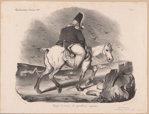 Lajos Fülöp francia király karikatúrája lóháton a holttestek között Voyage à travers les populations empressées (cím a tárgyon) alkotó: Honoré Daumier