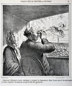 Mr. Colimard, ha továbbra is ilyen oda nem illő módon néz a táncosokra, hazakísérem a műsor vége előtt. Honore Daumier (1808-1879) metszete a „Le Charivari”-ban. Lap mérete: 24,6x36 cm. Palais Longchamp, Musee des Beaux Arts de Mar alkotó: Honoré Daumier