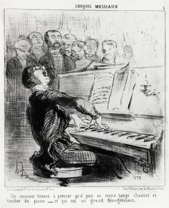 Zenei vázlatok: egy úriember, aki mindenáron be akarja bizonyítani, hogy egyszerre tud énekelni és zongorázni, ami nagyon szégyenletes. Honore Daumier (1808-1879) illusztrációja, megjelent a "Charivari" című lapban, 1852. február 17-i dátummal. alkotó: Honoré Daumier