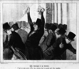 Pánik a tőzsdén. Hiába kínáltak részvényeket, mindenki elvitt tőlük: a „„ Actualites ”-ből, a rajzfilmek sorozatától a Honore Daumier Értéktőzsdén (1808-1879). Macskazene alkotó: Honoré Daumier