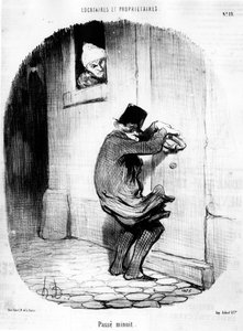 Eltelt éjfél. férfi, aki későn tér vissza a bérlőhöz, Honore Daumier (1808-1879) rajzfilmsorozatából: „Bérlők és tulajdonosok”. "Macskazene" alkotó: Honoré Daumier