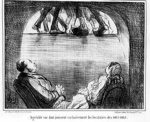 Kellemes kilátást kizárólag a pincék bérlői élvezhetnek, Honore Daumier (1808-1879) rajzfilmsorozatából, a „Bérlők és tulajdonosok” című filmből. "Macskazene" alkotó: Honoré Daumier