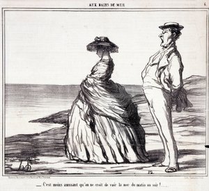 Serie "" Les Bains de Mer"": "" Kevésbé szórakoztató, mint gondolnád reggeltől estig látni a tengert! "" Rajzfilm a turistákról nyaralni. Honore DAUMIER (1808-1879) metszete. Kivonat a „Le Charivari” című újságból, szeptember 9 alkotó: Honoré Daumier