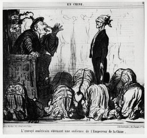 Az amerikai küldött audienciát kapott a kínai császártól. A Serie En Chine sorozatban, Honore Daumier (1808-1879) illusztrációja, megjelent a „Charivari”-ban, október 21-én alkotó: Honoré Daumier