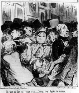 Az előadás közönsége. Egy nap nem fizetsz. Huszonöt fokos hőség, Honore Daumier (1808-1879) rajzfilmsorozatából, a „Festmények és szalonok” c. "Macskazene" alkotó: Honoré Daumier