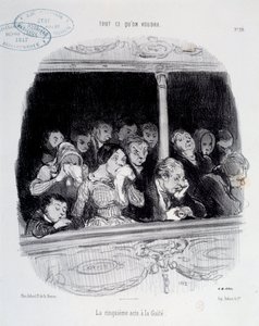 Az ötödik felvonásban a közönség Gaite-kifejezései láthatók a műsor alatt (unalom, fáradtság, desinteret) Honore Daumier (1808-1879) karikatúrája. 19. századi párizsi musee Carnavalet alkotó: Honoré Daumier