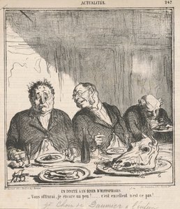Vendég a lóevők vacsoráján: Megkínáljak még egy kicsit? Ez nagyszerű, nem? alkotó: Honoré Daumier