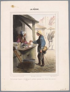 Visser koopt vis in de markthal Szinte mindig a piacon van (...) (cím a tárgyon) Vissers (sorozat címe) Horgászat (sorozat címe a tárgyon) alkotó: Honoré Daumier