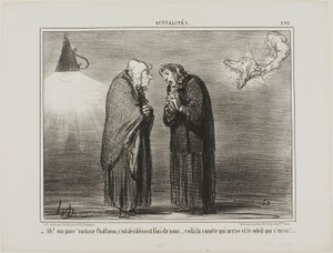 "- Ah, kedves Madame Chaffarou... ez bizonyára a vég... az üstökös jön és a nap elmegy." 392. tábla az Actualitésből. alkotó: Honoré Victorin Daumier