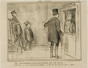 "- De azt mondtad, hogy ebben a házban nem lehetnek gyerekek... - Uram, ezek nem gyerekek... ők a tulajdonos fiai!...", 23. tábla a Croquis Parisiens, - par Daumier-ból. alkotó: Honoré Victorin Daumier