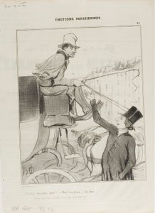 "- Kocsis, foglalt - Nem, polgár. - Hát akkor: Inkább elfogadja, hogy tanácsot adnak, mint hogy bérbe adják"," 49. tábla az Émotions Parisiennes-ből. alkotó: Honoré Victorin Daumier