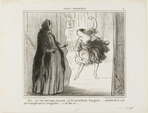 "- Nehéz elképzelni, hogy annak idején én is elismert spanyol táncos voltam... manapság már csak a kasztanyettáim spanyolok... milyen unalmas...", 11. lemez a Croquis Dramatiques-ból. alkotó: Honoré Victorin Daumier