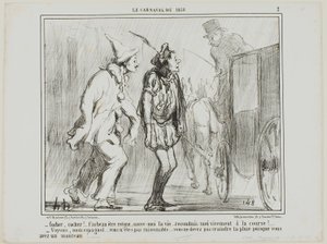 "- Sofőr, sofőr, nem utasíthat vissza, meg kell mentenie az életemet... élve hozzon vissza a versenyre! - De ugyan már, spanyol... légy észnél... nem kell félned az esőtől, hiszen kabátot viselsz!...," 2. lemez a Le Carnaval De 1858-ból alkotó: Honoré Victorin Daumier