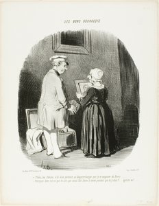"- Itt van, feleségem, a dagerrotípia portrém, amelyet Párizsból hoztam neked... - Miért nem csináltattad meg az enyémet, amíg ott voltál... Tűnj el, te egoista!", 28. tányér a Les Bons Bourgeois-ból. alkotó: Honoré Victorin Daumier