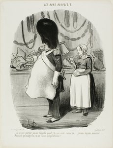 "- Soha nem vagyok nyugodt, ha látom, hogy így kimész... Mindig attól félek, Monsieur Moussard, hogy ön talán hitetlen." 67. tábla a Les Bons Bourgeois-ból. alkotó: Honoré Victorin Daumier