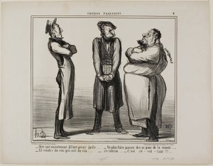 "- Hihetetlen... de most már meg kell adnunk a pontos súlyt! - és többé nem adhatunk el csontot húsnak - és a bornak tényleg bornak kell lennie! - Most már mindez együtt: Ez Gusztustalan!", 4. tányér a Croquis Parisiensből. alkotó: Honoré Victorin Daumier