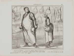 "- Mészáros úr, boldog és egészséges új évet kívánok önnek... - Mit Szép lesz ez az 1858-as év... minden sarki fűszeres eladhatja majd a birkahúsomat!...", 481. tányér az Actualitésből. alkotó: Honoré Victorin Daumier