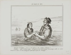 "- Mr.Lifeguard.... igaz, hogy Dieppe-nél cápák vannak - Persze... de ez elég egyszerű... amint meglátod, hogy jön egy, hogy felfaljon, csak annyit kell tenned, hogy oldalra fekszel. Nem fog megenni téged, mert félsz, hogy megfulladsz." 1. tányér Aus Bains alkotó: Honoré Victorin Daumier