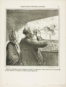 "- Colimard úr, ha nem hagyja abba azonnal a táncosok ilyen illetlen bámulását, még az előadás vége előtt hazaviszem!", 4. tábla a Croquis Pris Au Théatre par Daumier-ból. alkotó: Honoré Victorin Daumier