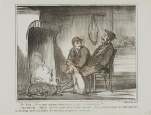 "- És most mi lesz Folytatjuk a vadászatot az eső alatt - Egyáltalán nem! Az állatok ugyanúgy félnek az esőtől, mint mi. Lehet, hogy nem találják meg ezt a menedéket, és a végén túl sokukat elveszítenénk!", 5. tábla a Croquis De Chasse-ból.