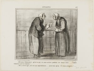 "- Ó, Madame Chaboulard, kíváncsi vagyok, mi lesz az elkövetkező tizenkét hónapban... az újév pénteken kezdődik! ... - Nem érdekel, nem vagyok babonás... csak a 13-as számban és a pókokban hiszek!", 477. tányér az Actualitésből. alkotó: Honoré Victorin Daumier