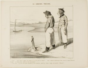 "- A hajónk elengedte a horgonyt és elsodródott.... ezen a magányos szigeten ragadtunk, mint Robinson Crusoe... és nincs mit enni, és nincs papagájunk.... - Ez igaz.... és tényleg nem tudom, mit egyek, ha egyszer felfaltalak, szegény Cabassol!"," alkotó: Honoré Victorin Daumier