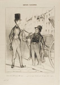 "- Taxi Monsieur Taxi - Még arra sincs elég pénzem, hogy gyalogoljak", 8. tányér az Émotions De Parisiensből. alkotó: Honoré Victorin Daumier