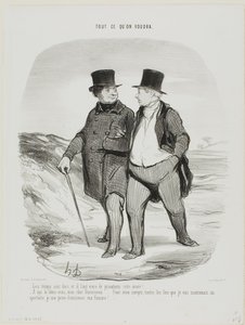 "- Nehéz idők járnak; ebben az évben meg kell tanulnunk szerényebbnek lenni... - Ne mondd, kedves Ducorneau...., ami engem illet, mostantól minden alkalommal, amikor színházba megyek, megtagadom magamtól a feleségem társaságát....", 2. tábla a Tout Ce Qu