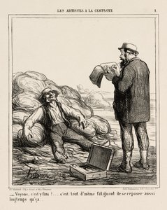 "- Na, végre befejezted... végül is fárasztó ilyen hosszú ideig pihenni", 1. tányér a Les Artistes A La Campagne-ból. alkotó: Honoré Victorin Daumier