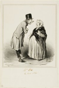"- Hát igen, igaz, Mame Chopin lánya tegnap férjhez ment Durand fiához. Most beszéltem a fiatalemberrel, és abból, amit nekem mondott (teljes titoktartás mellett), biztos volt előtte néhány furcsa pasija...", 6. tábla a Les Parisiensből alkotó: Honoré Victorin Daumier