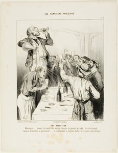 Fogadás. "Uraim..... igyunk a francia vitorlázók egészségére általában, és az új csapattársra, Greluchonra különösen!.... és amíg a tűzkeresztségére várunk, addig is adunk neki egyet vízzel," tányér 10 a Les Canoti-tól. alkotó: Honoré Victorin Daumier