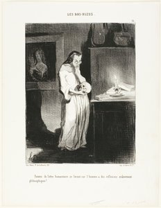 Egy humanista írónő, aki átadja magát az emberről való elmélyült filozófiai elmélkedésnek!, 15. tábla a Les Bas-Bleusból. alkotó: Honoré Victorin Daumier