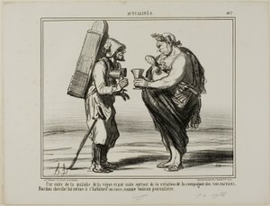 A borbetegség következményeként, de a "Mesterséges Borok Termelésének Társasága" megalapítása miatt még Bacchus is úgy dönt, hogy napi italként kókuszvízre vált, 407-es tányér az Actualitésből. alkotó: Honoré Victorin Daumier