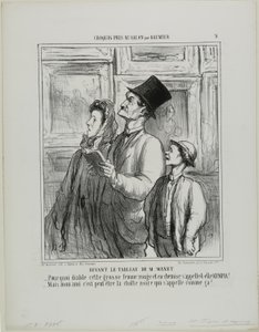 Manet festményét szemlélve. "- Mi az ördögnek hívják ezt a kövér, vörös arcú, hálóinges nőt Olympiának - De kedvesem, talán ez a neve a fekete macskának." 9. tábla a Croquis Pris Au Salon par Daumier című műből. alkotó: Honoré Victorin Daumier