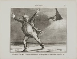 Monsieur Babinet úgy dönt, hogy személyesen kapcsolja le a Napot, hogy jóslatai beteljesüljenek, 386. lap az Actualitésből alkotó: Honoré Victorin Daumier