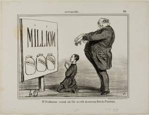 Prudhomme úr, amint fiát a párizsiak új Istenének szenteli, 366. tábla az Actualités-ból alkotó: Honoré Victorin Daumier