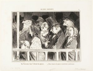 Párizsiak, akik egy kis szórakozásra vágynak. Két órán át sorban állni a város bármelyik színháza előtt, az 1-es tányér a Les Bons Parisiens-től. alkotó: Honoré Victorin Daumier