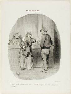 "Rendszeres kis részeges, az ám!... úgy nyeli le, mint a tejet! Szegény kis drágám... pont olyan, mint az apja!", 42. tányér a Moeurs Conjugales-ból alkotó: Honoré Victorin Daumier