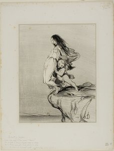 Sappho halála. "Ifjú hölgyek, látjátok, hová vezet bennünket a szerelem Az oly kecses és apró lábunk alatt egy szakadék nyomorúságos szakadékába, amelybe végül beleesünk", 49. tábla a Histoire Ancienne-ből. alkotó: Honoré Victorin Daumier