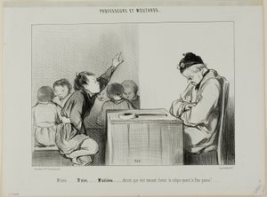 "Uram... Uram... Siiiirrrr... Jézusom, milyen bosszantó, ha az embernek kólikája van, amikor a felügyelő felügyel", 13. lemez a Professeurs Et Moutards-ból. alkotó: Honoré Victorin Daumier