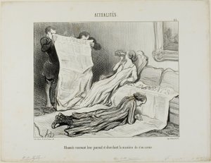 Az előfizetők próbálnak megbirkózni a papírjukkal, 115. lap az Actualitésből alkotó: Honoré Victorin Daumier