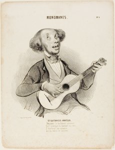 Az amatőr gitáros. Dacolva mindenki ásításával, Ahogy énekli szánalmas versét, Szalon-dalt énekelne, A világegyetem romjain...", 4. lemez a Monomanesből. alkotó: Honoré Victorin Daumier