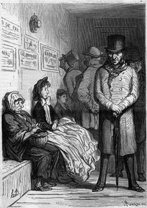 Omnibusz várópult. Honore Daumier (1808-1879) rajzfilmje. Metszet a „” Le Monde Illustré”” 257. számában, 1862. március 15. alkotó: Honoré Daumier