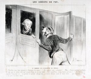Honore Daumier (1808-1879) alkotásai. A Charivari 1843-ból származik: Serie LES RAILWAYS Az elalvás veszélye utazás közben „” – Ébredjen, Uram, és szálljon le a kocsiból! - Merre vezetünk? - De Rouen parbleu! - Rouenben és én, aki csak Poissba akart menni alkotó: Honoré Daumier