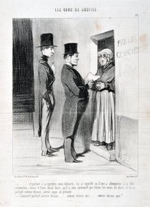 Honore Daumier (1808-1879) alkotásai. Charivari 1845-ből származik: Serie LES PEANS DE JUSTICE "" -... és az ajtóban így kijelentett beszéd azt jelentette számára, hogy engedelmeskednie kell az említett összegzésnek, ellenkező esetben és ennek elmulasztása alkotó: Honoré Daumier