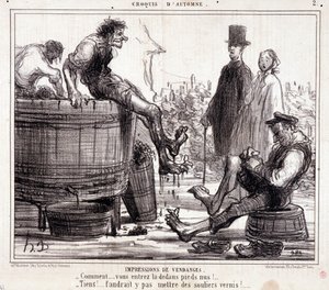 Rajzfilm a mezítláb szőlőt taposó kombájnokról, az "Őszi vázlat" sorozatból alkotó: Honoré Daumier