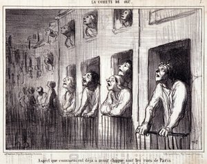 Rajzfilm a tudományról. Serie Sur „” la Comete de 1857””: „” Olyan szempont, amely már minden este Párizs utcáin jár””. Honore DAUMIER (1808-1879) metszete. Kivonat a „Le Charivari” újságból”. Mérete 38x25 cm. Inv D – 7. doboz Marseille, alkotó: Honoré Daumier