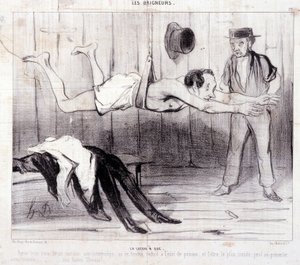 Karikatúra a nyaraló turistákról. "Les Baigneurs" sorozat: "La lecon a dry". "Les Baigneurs" sorozat: "La lecon a dry". Honore DAUMIER (1808-1879) metszete. Kivonat a "Le Charivari" című újságból. Méret: 25x36 cm 12. doboz Marseille, Musee alkotó: Honoré Daumier